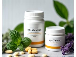 Frascos de suplementos de melatonina, magnesio y L-teanina, con hojas verdes alrededor, sugiriendo un enfoque natural.
