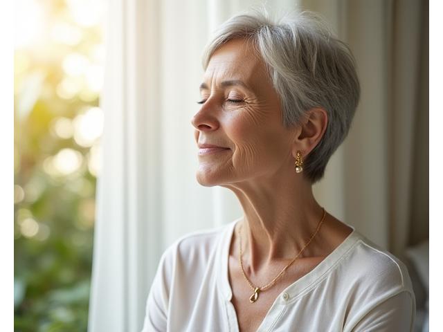 Mujer de 55 años meditando tranquilamente en un jardín sereno.